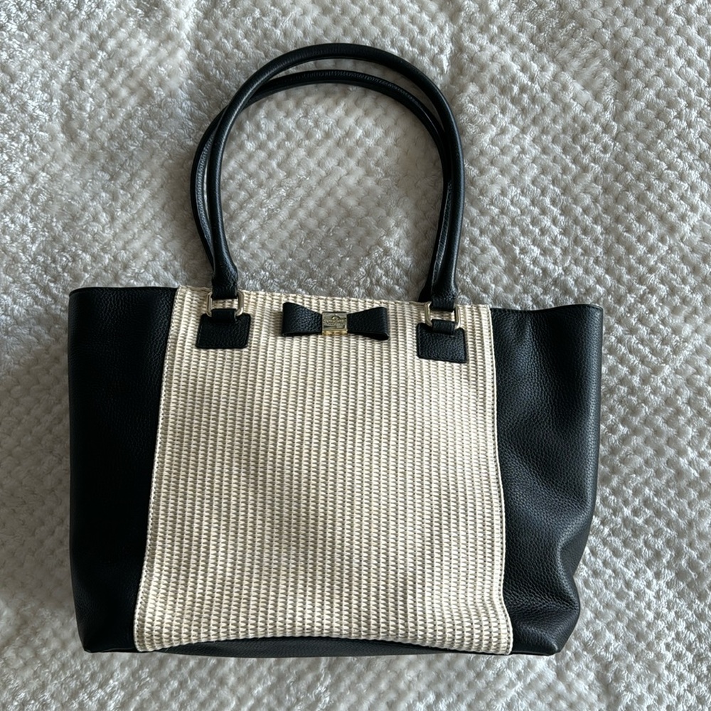 Kate Spade Renny Drive Francis Straw & Leather Tote Handbag - Black/Natural